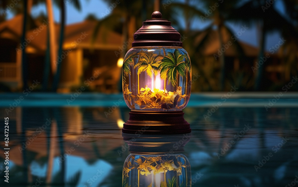 Wall mural a luminous ramadan glass lantern at night floating over a pool of water with a background of palm le