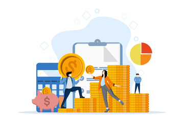 family budget planning concept. Young couple with child saving money and planning with piggy bank, calculator and coins. Concept of family money, household finance. Flat vector illustration.