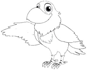 A cartoon illustration of a raven with one wing open, smiling and isolated on a white background