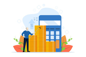 Concept of retirement savings, insurance pension, funded pension, investment. pension. Pensioner standing next to calculator and coins. Flat vector illustration on a white background.