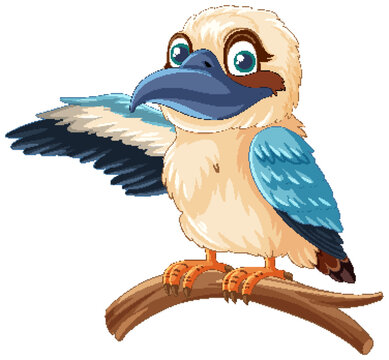 recommend clip art: A cartoon illustration of a cute Kookaburra bird standing on a tree branch with one wing open, isolated on white