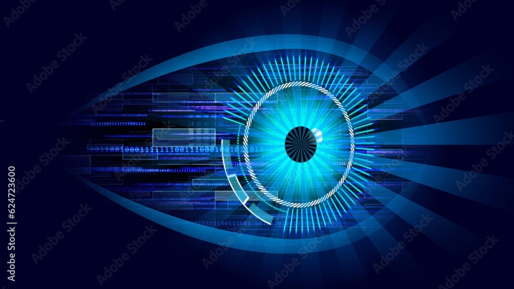 Poster magic eye in electronical looks centered in ring of graphic elements - streams of binary code on bac