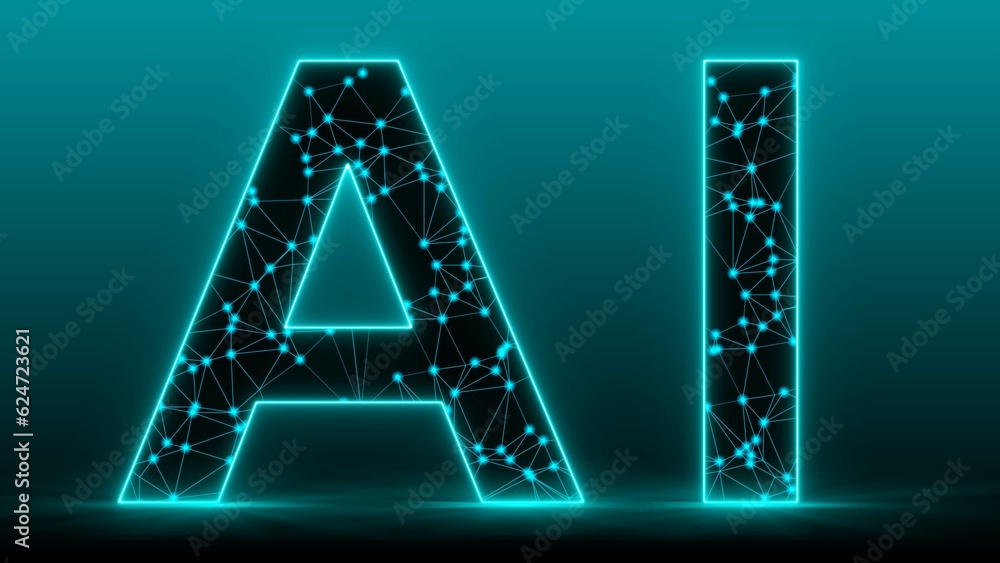 Poster artificial intelligence - abstract image of the lettering ai made of wireframe mesh polygon on gradi
