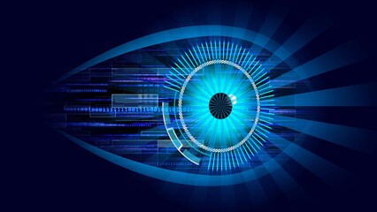 Magic Eye in electronical looks centered in ring of graphic elements - streams of binary code on background in eye shape - cyber future technology concept background - 3D Illustration
