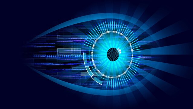 Magic Eye in electronical looks centered in ring of graphic elements - streams of binary code on background in eye shape - cyber future technology concept background - 3D Illustration
