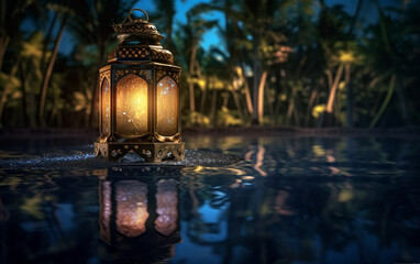 Naklejka premium A luminous Ramadan glass lantern at night floating over a pool of water with a background of palm leaves