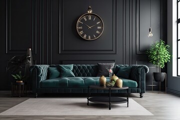 living room black sofa with copy space,. Generative AI
