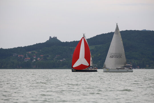 Sailing boat compete on 55th Kekszalag long distence race at the Lake Balaton Hungary