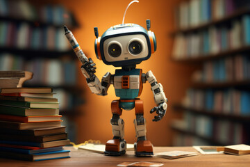 Fototapeta premium Illustration of new technology in education. Robot standing among stacks of books. Robots assisting in leasrning. Learning with help of robotic assistant