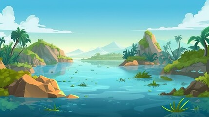 Naklejka premium Abstract background oceanic island. A mesmerizing banner design featuring an abstract background and an illustrated oceanic island. Generative AI.