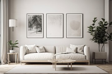 living room mock up interior poster with sofa against blank white wall,. Generative AI