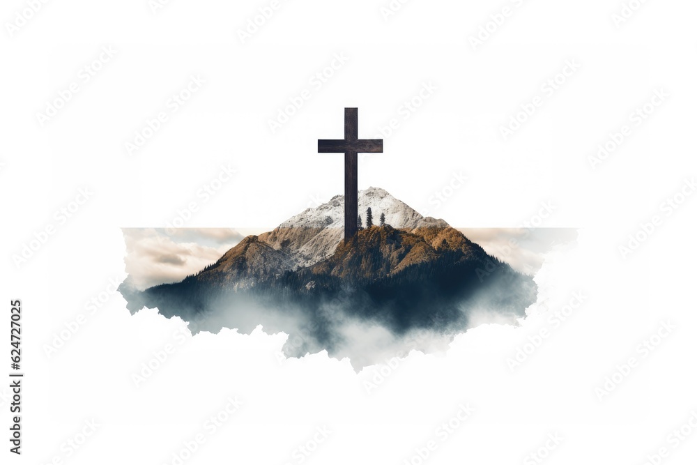 Sticker cross on mountain peak in white background