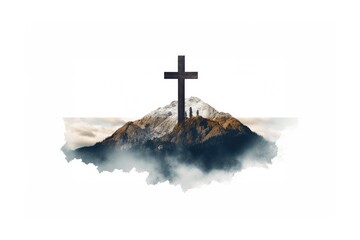 Cross on mountain peak in white background - Powered by Adobe