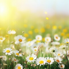 Beautiful summer natural background with yellow white flowers, daisies and dandelions in the grass morning. Generative AI.