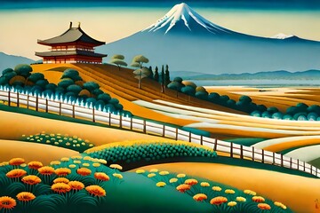 Fototapeta na wymiar Imagine standing atop the emerald hills of spring in a vintage Japanese painting, where reality merges with the world of art