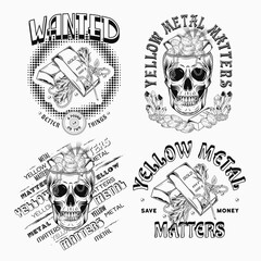 Set of black and white labels with gold ingots, human skull like cup full of treasure, roses, text. Concept of savings, wealth. Vintage vector illustration on white background.
