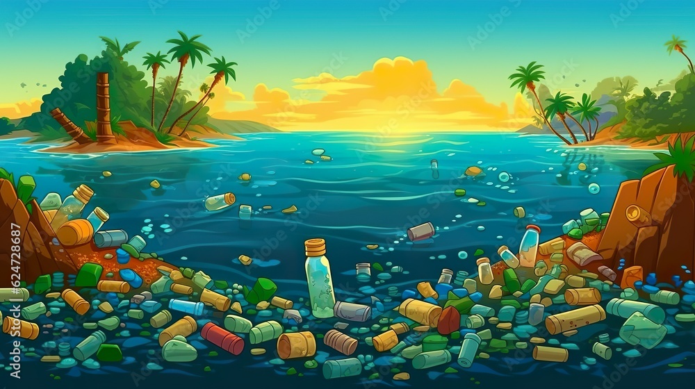 Poster abstract background plastic in the ocean. a visually engaging banner design utilizes an abstract bac