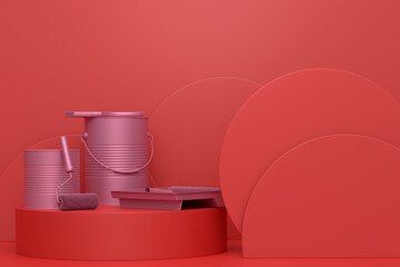 Abstract scene with safety helmet, bucket with paint rollers on monochrome