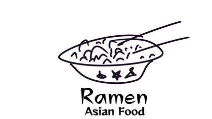 geeky sketch of a ramen noodle in a bowl with chopsticks.  suitable for Asian food theme icon