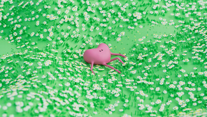 Cartoon heart with arms and legs lies on green flowering meadow and looks up to the sky. Summer time. Heart attack disease. Valentine's Day. Valentine card. 3d render, 3d illustration.