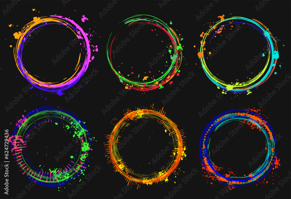 Poster set of 6 design elements, circular frames. circle with copy space, paint brush strokes, spattered pa