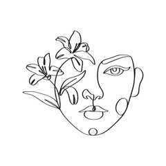 Blooming petal flowers woman single linear drawing 