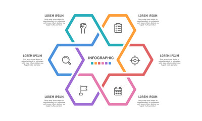 Infographic hexagon cycle. The pie chart is divided into 6 parts. Vector illustration.