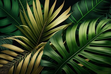 Obraz na płótnie Canvas Palm leaves illustration, jungle imitation. Generative AI technology