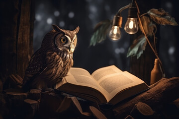 owl reading book on tree at night, learning and knowledge concept, generative AI