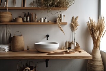 Overlooking a contemporary bathroom with a washbasin, wooden shelves and decors, modern minimal interior design, a white table top or shelf with straws, dry plants, an ornament, ears, sheaf, and a bra
