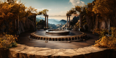 Ancient Greece, amphitheater podium, background with antique columns and mountains.. Generative AI - obrazy, fototapety, plakaty