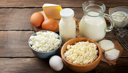 Various types of dairy products : milk, cheese, cottage cheese, eggs, yogurt on a wooden background