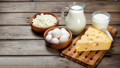 Various types of dairy products : milk, cheese, cottage cheese, eggs, yogurt on a wooden background