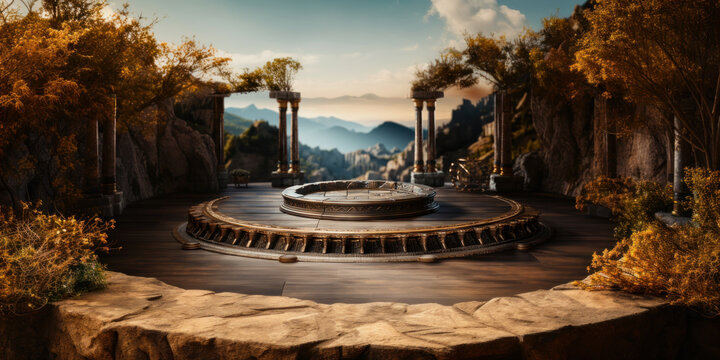 Ancient Greece, amphitheater podium, background with antique columns and mountains.. Generative AI