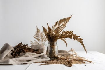 On a white wooden table with a white background, a dried fern is displayed. Generative AI
