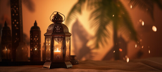 A Ramadan background of a Ramadan lantern with palm fronds in a room made