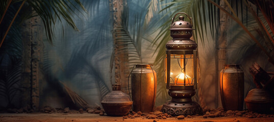 A Ramadan background of a Ramadan lantern with palm fronds in a room made