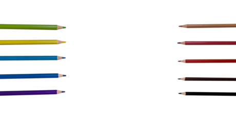A set of ten colored pencils in a row on a white background, colored pencils horizontally, space to insert text
