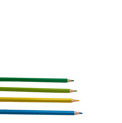 four colored pencils on a white background, green, blue, yellow and light green. space to insert text