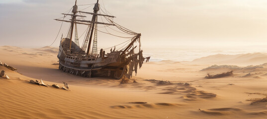 A wooden sailing ship with a wreck in the foreground amid desert dunes in the Empty Quarter