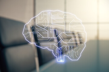 Virtual creative artificial Intelligence hologram with human brain sketch on a modern conference room background. Multiexposure