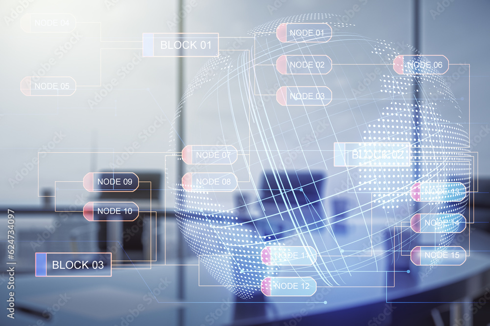 Poster Multi exposure of abstract graphic coding sketch and world map on a modern furnished classroom background, big data and networking concept