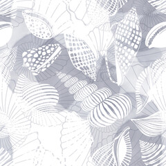 Art sea background. Seamless pattern with seashells and gray watercolor splashes. Hand-drawn  illustration. Perfect for design templates, wallpaper, wrapping, fabric and textile.