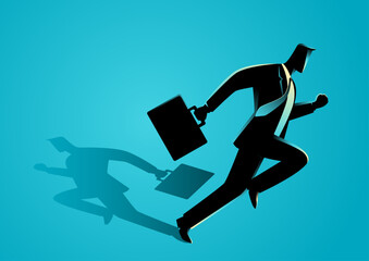 Business concept of a businessman running with his own shadow running in different direction, contradictions, halfhearted, not at heart, vector illustration