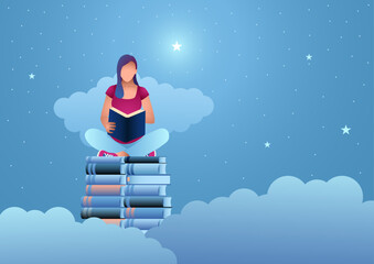 Woman sits atop a stack of books, reading a book amongst the stars, knowledge is power, aspirations concept