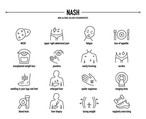 NASH,  Non-alcohol Related Steatohepatitis symptoms, diagnostic and treatment vector icon set. Line editable medical icons.	
