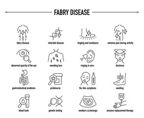 Fabry Disease symptoms, diagnostic and treatment vector icon set. Line editable medical icons.