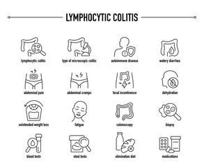 Lymphocytic Colitis symptoms, diagnostic and treatment vector icon set. Line editable medical icons.