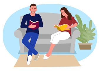 Couple relaxing in the sofa reading book, book lovers day, book reading, vector illustration