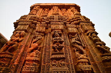 Pillar carved in red sandstone at Sun temple, Konark, India